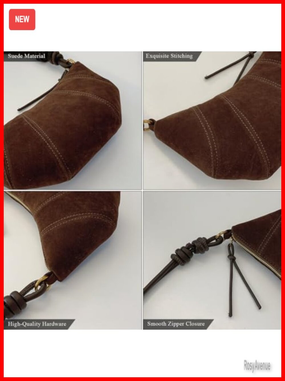 Faux Suede Crescent Crossbody Bag with Adjustable Strap - Mini Handbag - Picture 4 of 6